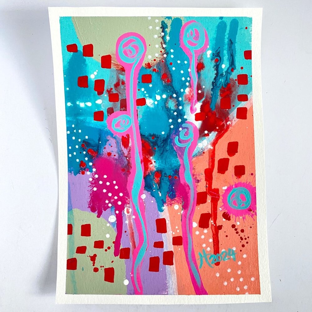 Summer Pop 1 Original Art Acrylic Painting Turquoise Pink Red Frame Ready 8x10in
